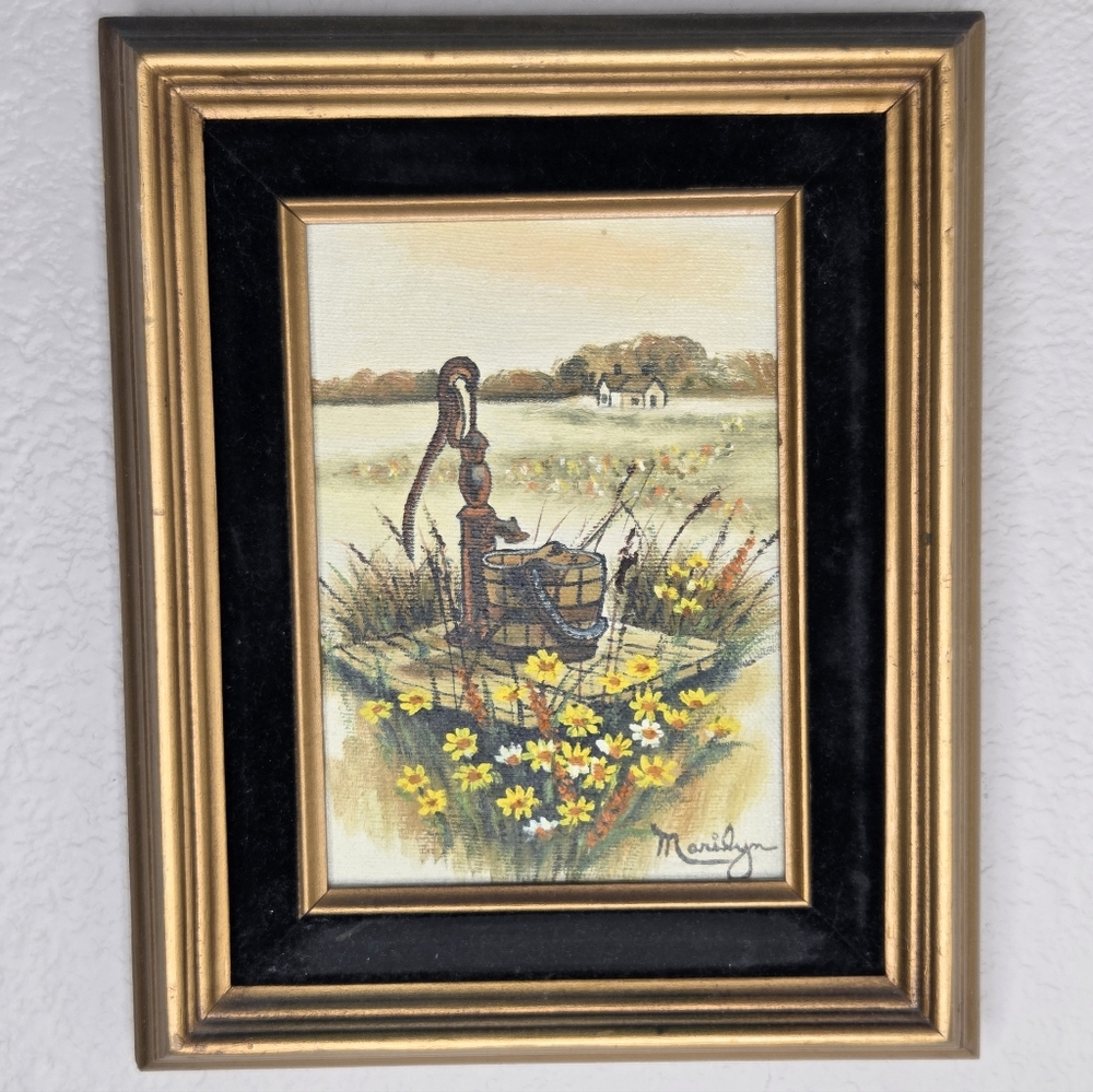 VTG Landscape Oil Painting Countryside Water Well Yellow Daisies Framed Marilyn‎
